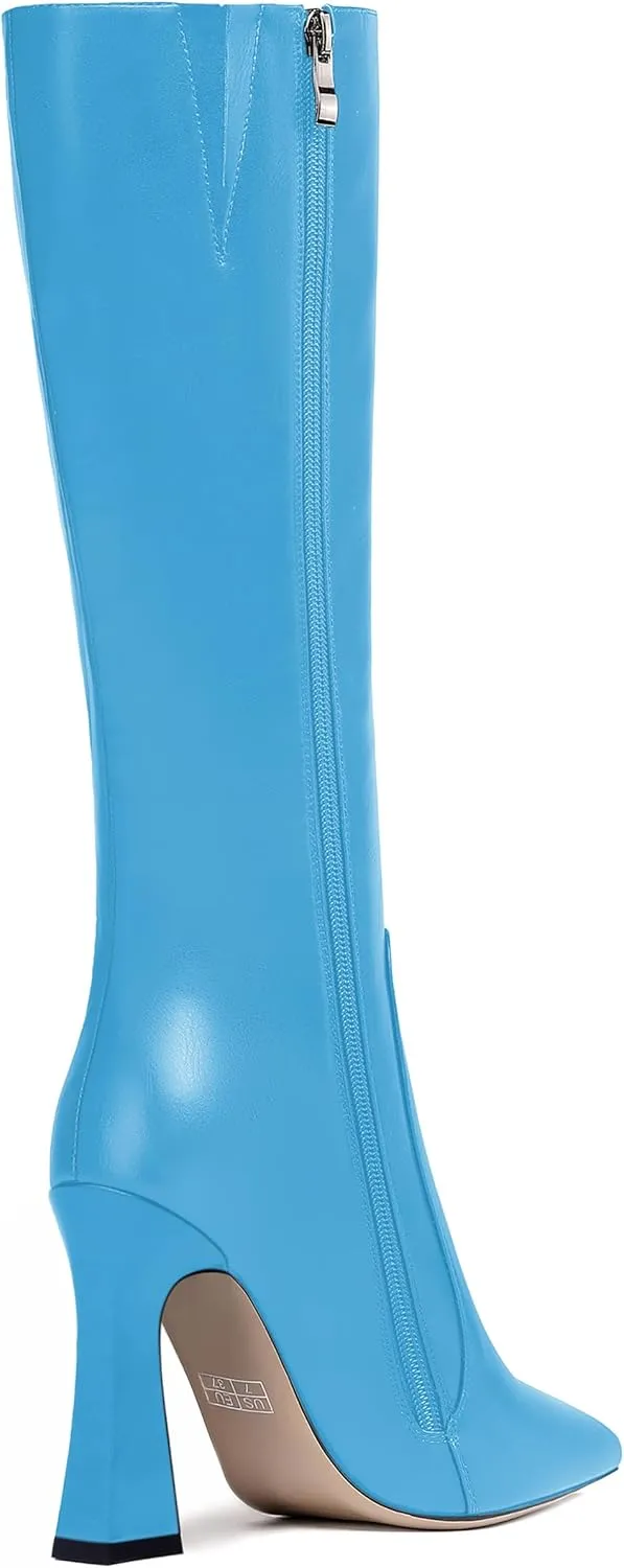 FEMSTEP Womens Formal Zip Outdoor Pointed Toe Matte Spool High Heel Knee High Boots 4 Inch