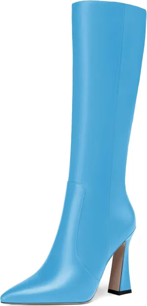 FEMSTEP Womens Formal Zip Outdoor Pointed Toe Matte Spool High Heel Knee High Boots 4 Inch