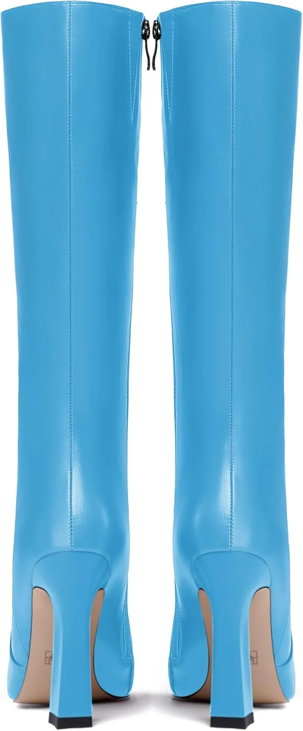 FEMSTEP Womens Formal Zip Outdoor Pointed Toe Matte Spool High Heel Knee High Boots 4 Inch