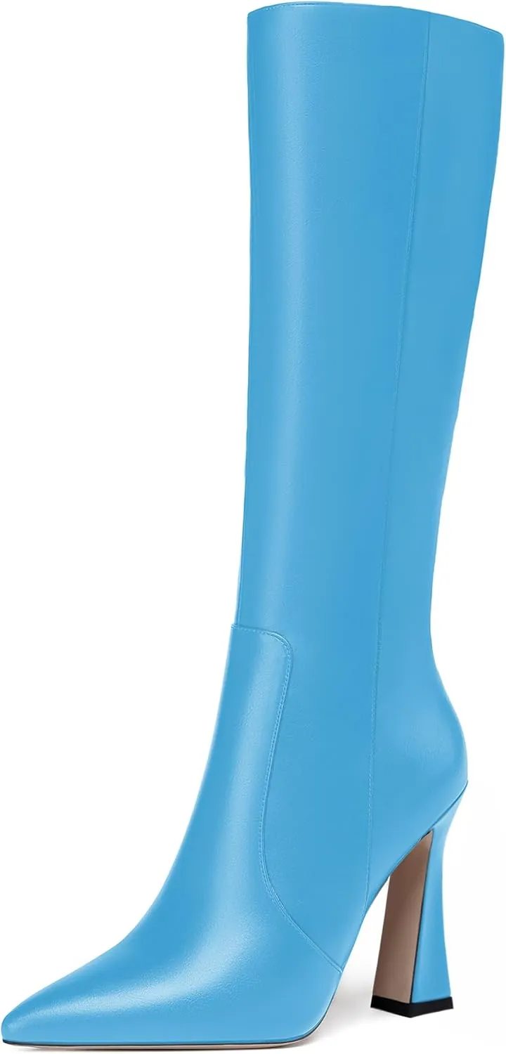 FEMSTEP Womens Formal Zip Outdoor Pointed Toe Matte Spool High Heel Knee High Boots 4 Inch