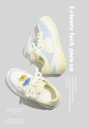 Fish Lace-Up with Cloudy Chunky Heel Sneakers for Women - Kawaii Cute Trendy Ins Style with Blue & Yellow Color Block, Korean, Perfect for Student Travel & Instagram Photos