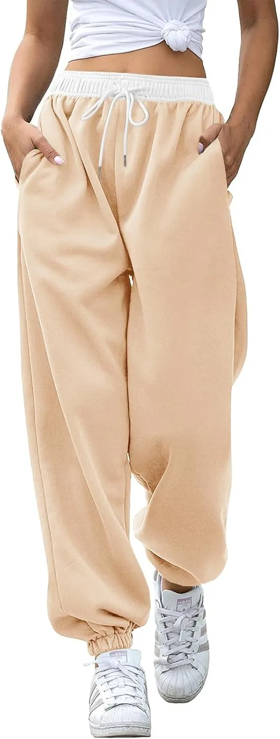 Fisoew Women's Baggy Loose Sweatpants Casual Elastic Waist Workout Running Jogger Pants with Pockets