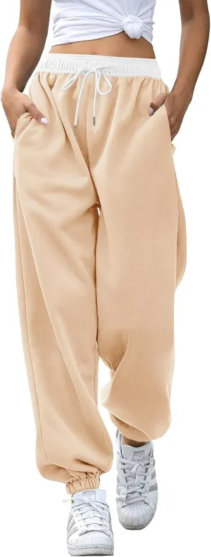 Fisoew Women's Baggy Loose Sweatpants Casual Elastic Waist Workout Running Jogger Pants with Pockets