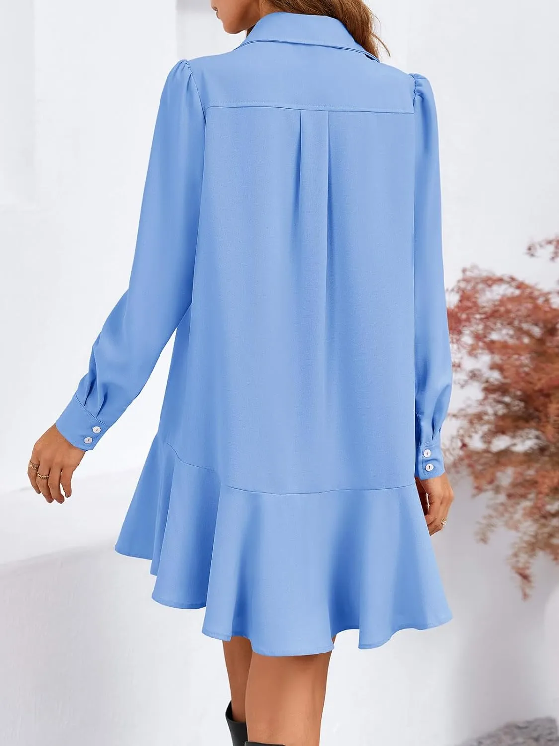 Fisoew Womens Casual Button Down Shirt Dress Long Sleeve Collared Pleated Swing Mini Dresses