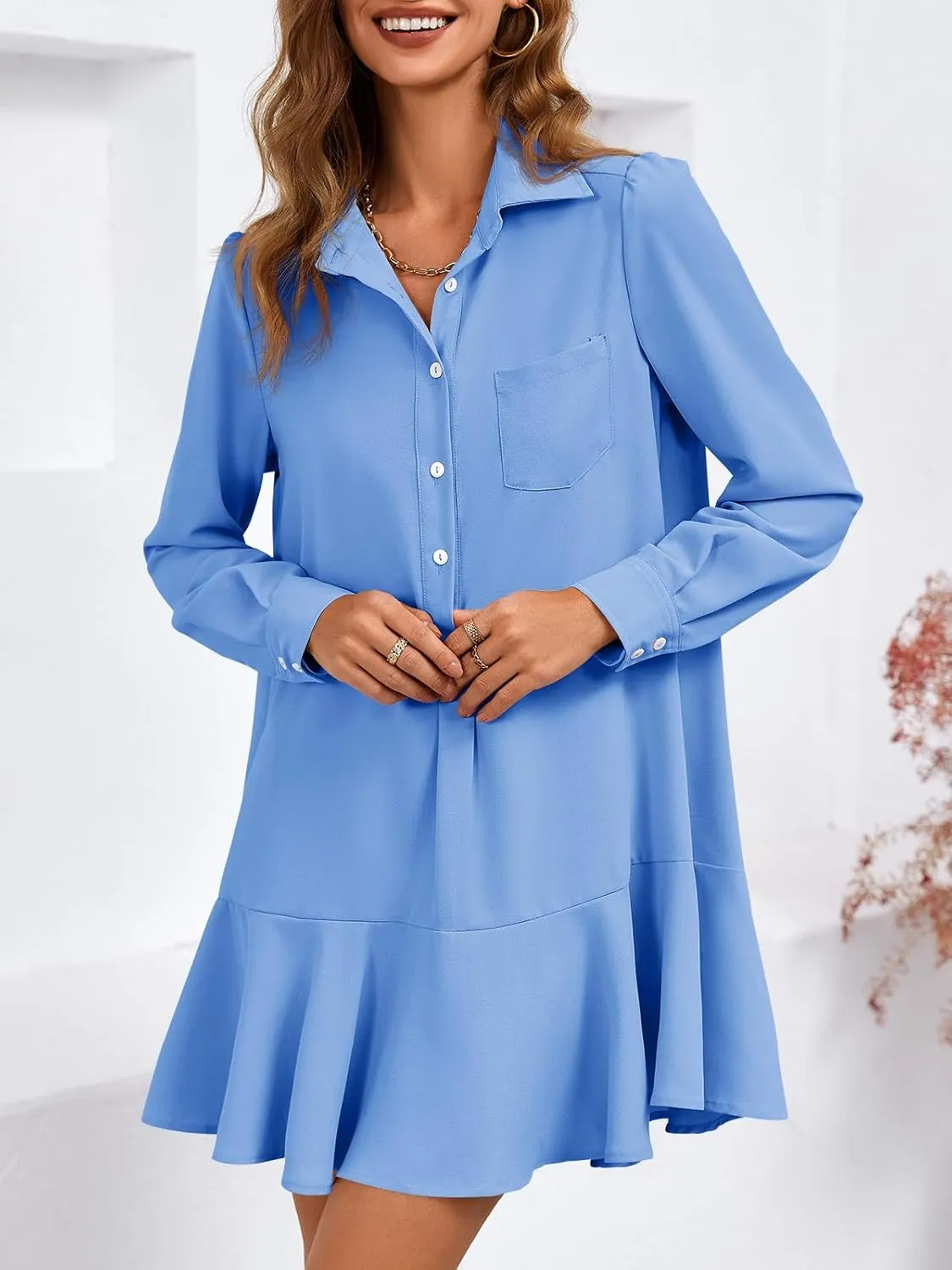 Fisoew Womens Casual Button Down Shirt Dress Long Sleeve Collared Pleated Swing Mini Dresses