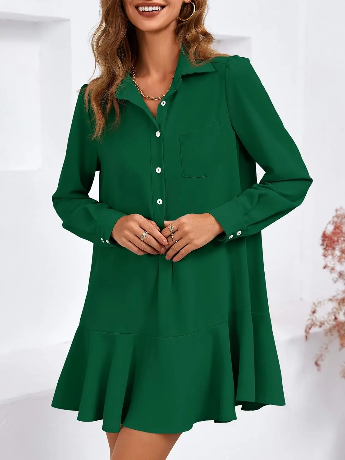 Fisoew Womens Casual Button Down Shirt Dress Long Sleeve Collared Pleated Swing Mini Dresses