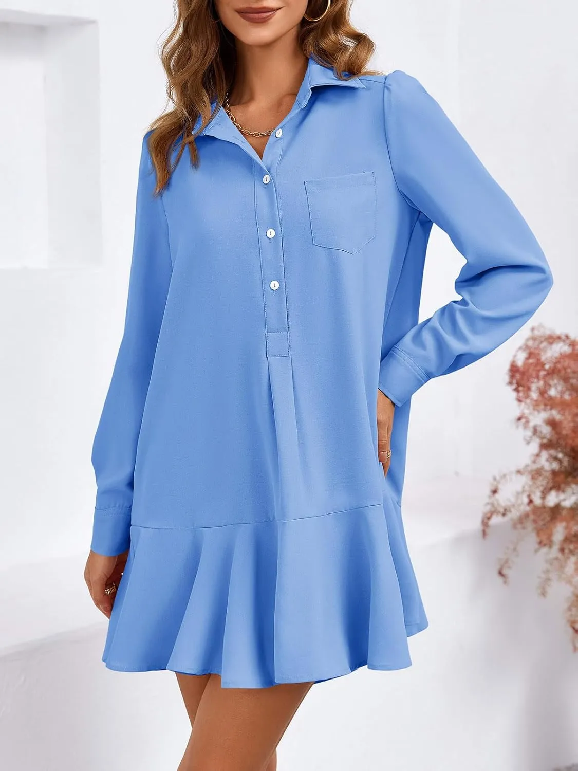 Fisoew Womens Casual Button Down Shirt Dress Long Sleeve Collared Pleated Swing Mini Dresses