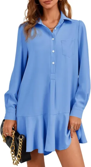 Fisoew Womens Casual Button Down Shirt Dress Long Sleeve Collared Pleated Swing Mini Dresses