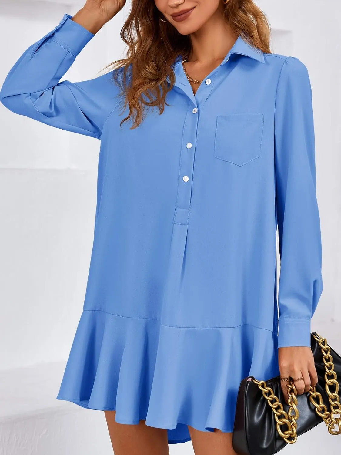 Fisoew Womens Casual Button Down Shirt Dress Long Sleeve Collared Pleated Swing Mini Dresses