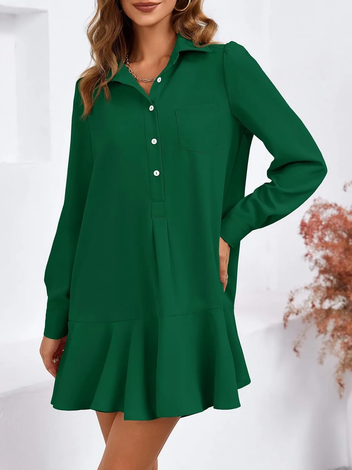 Fisoew Womens Casual Button Down Shirt Dress Long Sleeve Collared Pleated Swing Mini Dresses
