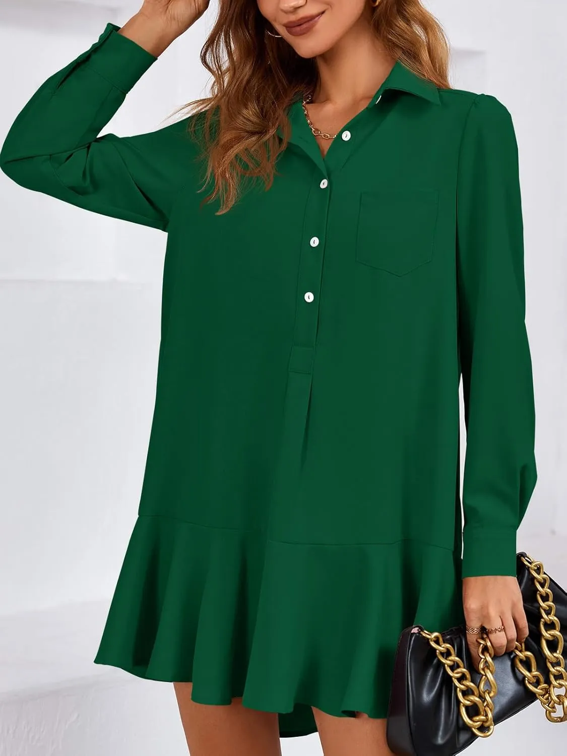 Fisoew Womens Casual Button Down Shirt Dress Long Sleeve Collared Pleated Swing Mini Dresses