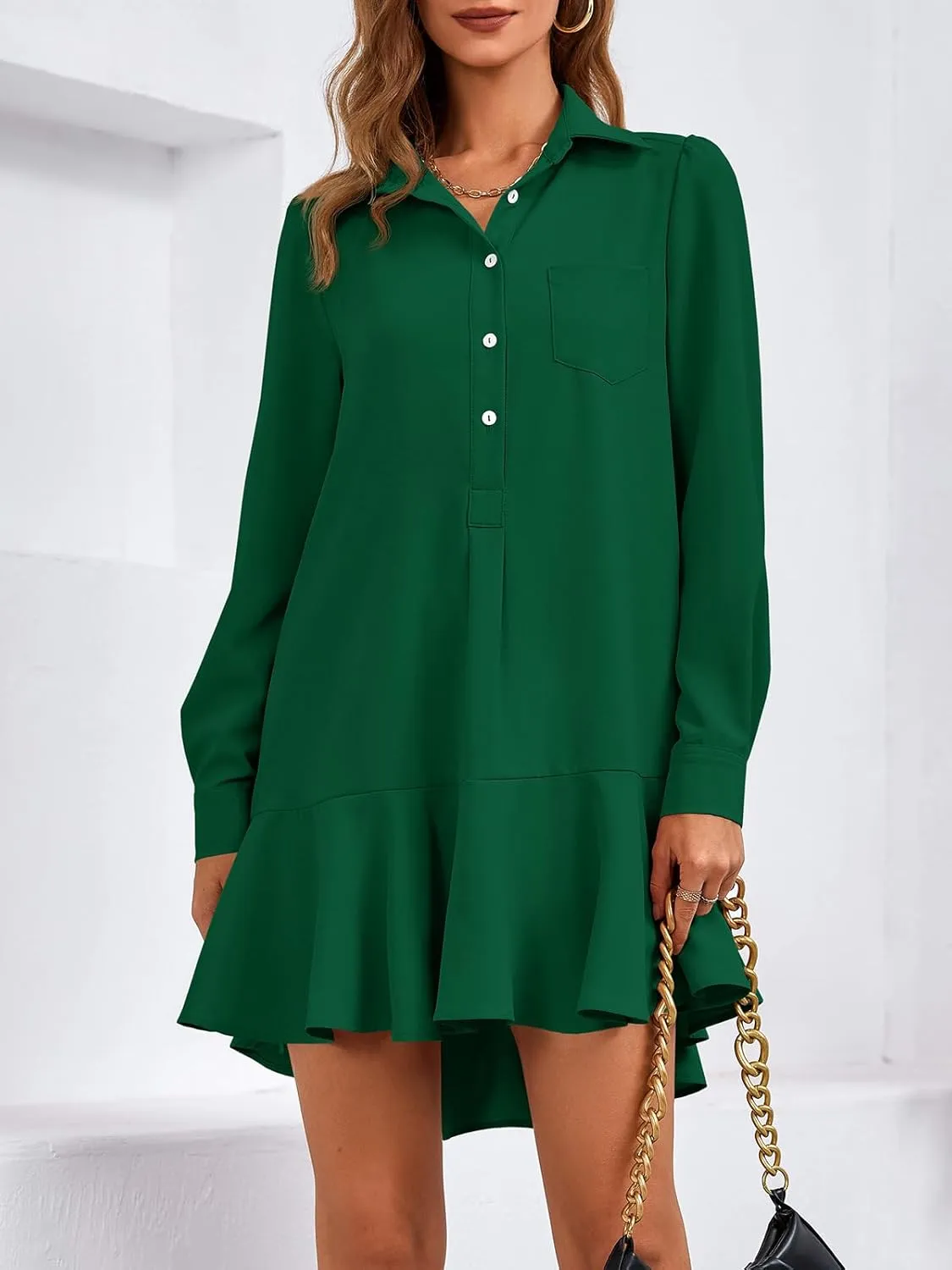 Fisoew Womens Casual Button Down Shirt Dress Long Sleeve Collared Pleated Swing Mini Dresses