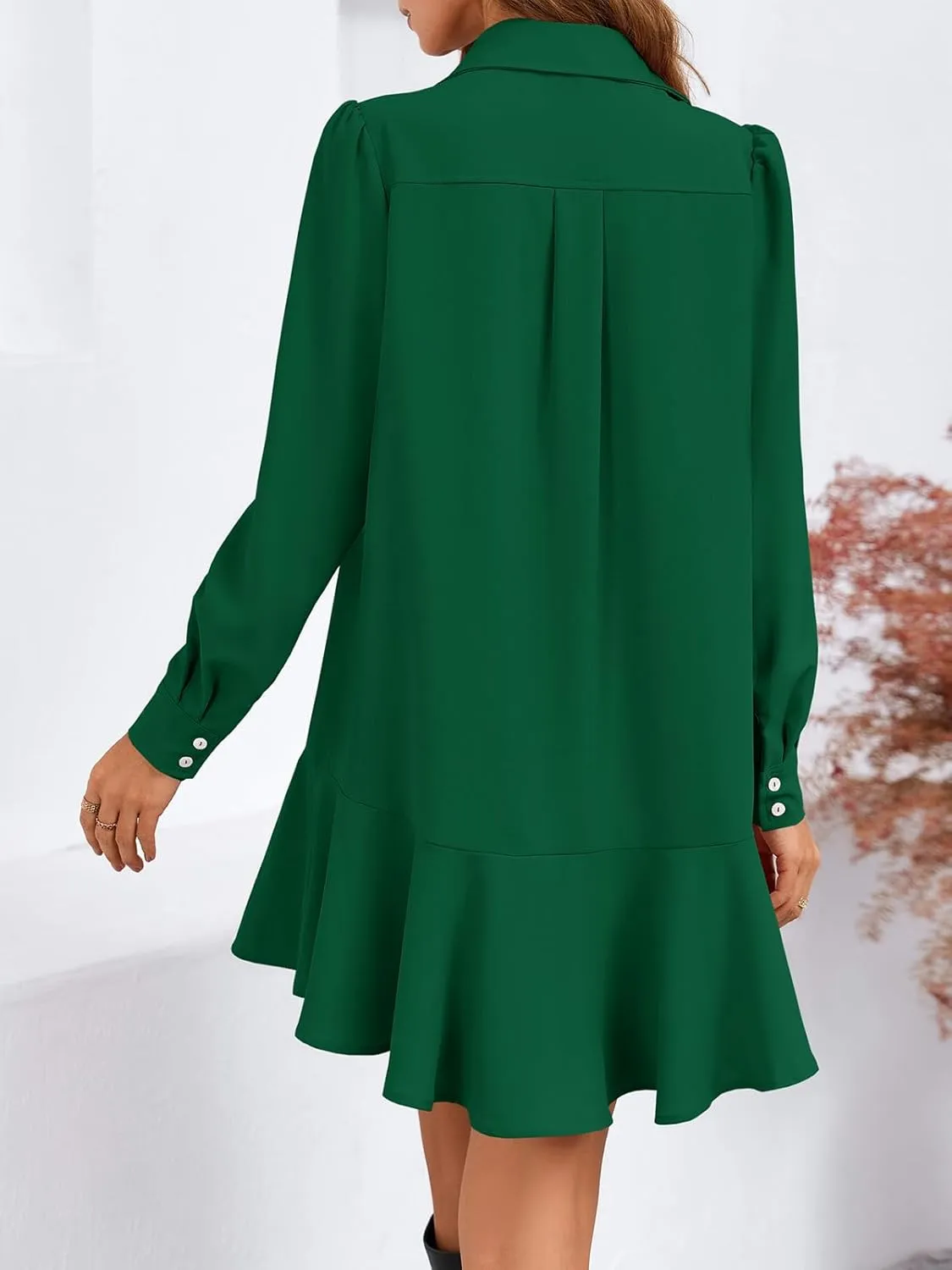Fisoew Womens Casual Button Down Shirt Dress Long Sleeve Collared Pleated Swing Mini Dresses
