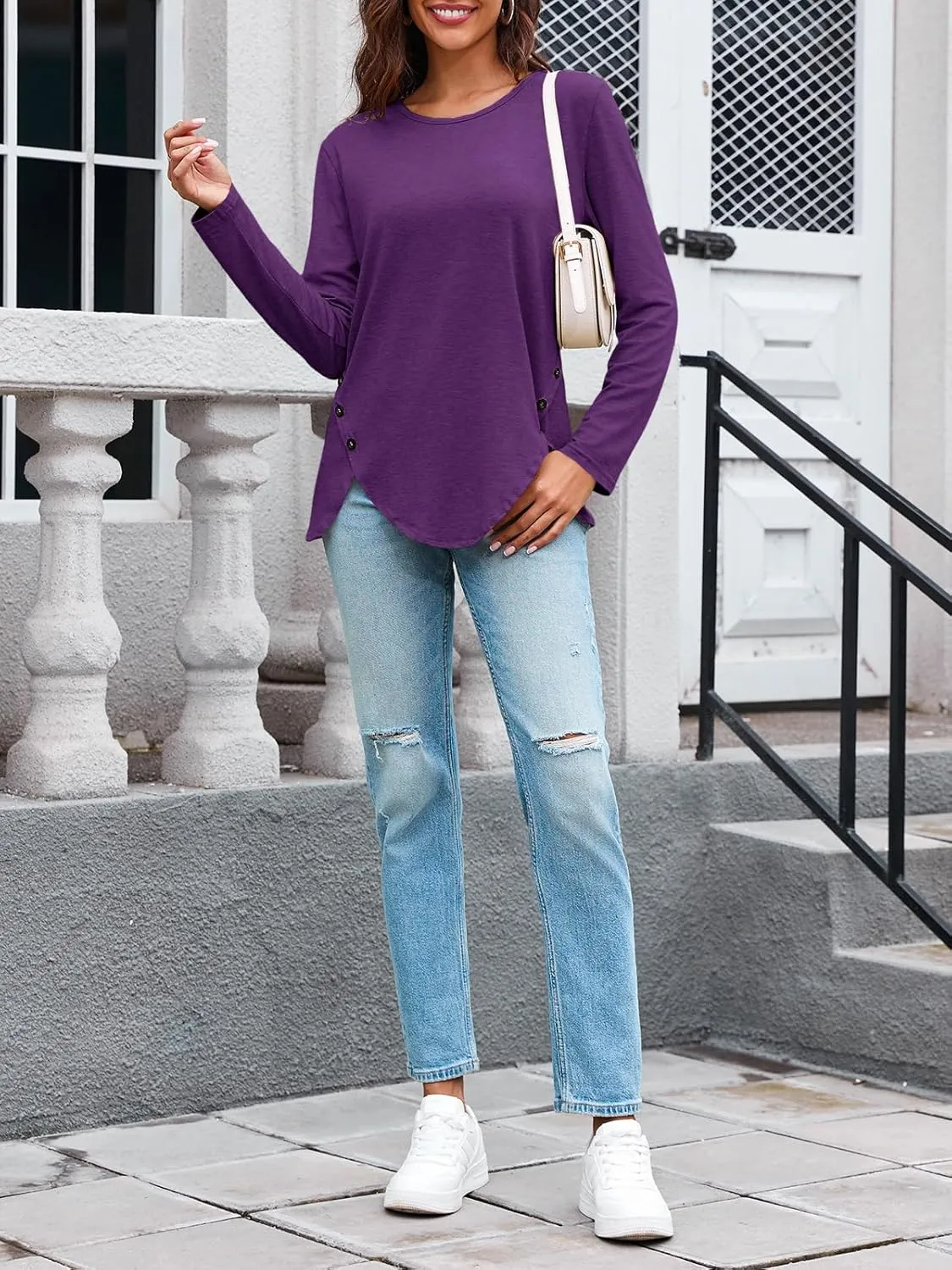 Fisoew Womens Casual Long Sleeve Tunic Tops Round Neck Shirt Button Side Basic Tees Wearring with Leggings 2024