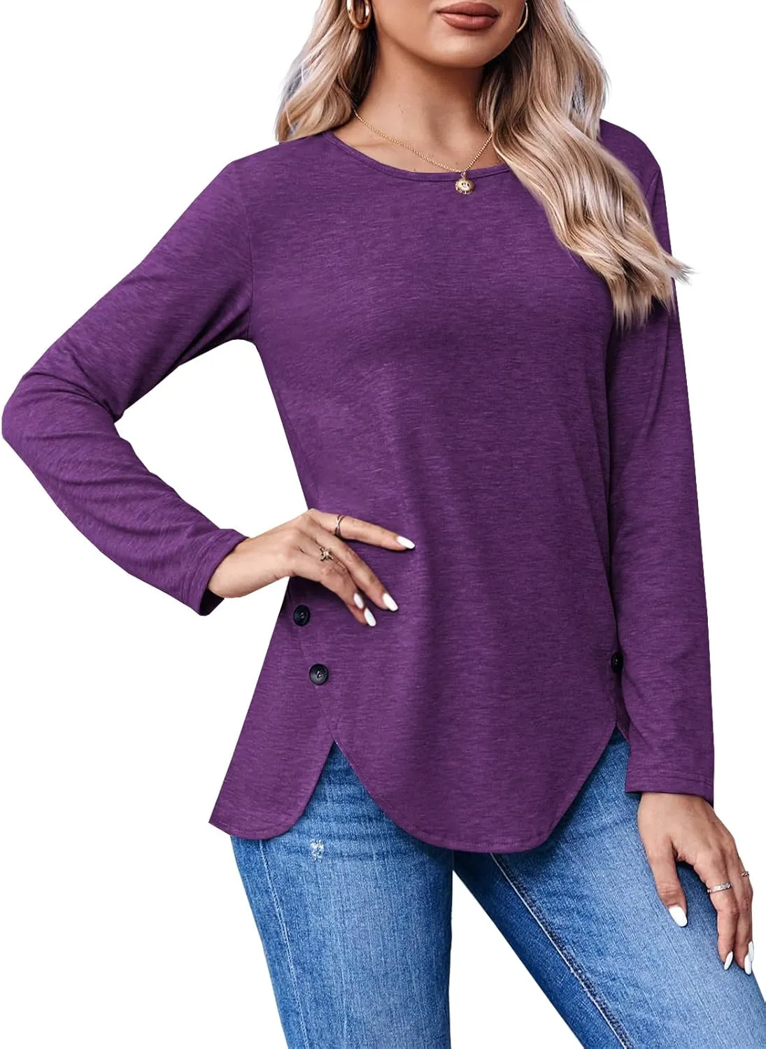 Fisoew Womens Casual Long Sleeve Tunic Tops Round Neck Shirt Button Side Basic Tees Wearring with Leggings 2024