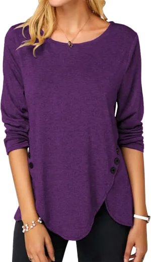 Fisoew Womens Casual Long Sleeve Tunic Tops Round Neck Shirt Button Side Basic Tees Wearring with Leggings 2024