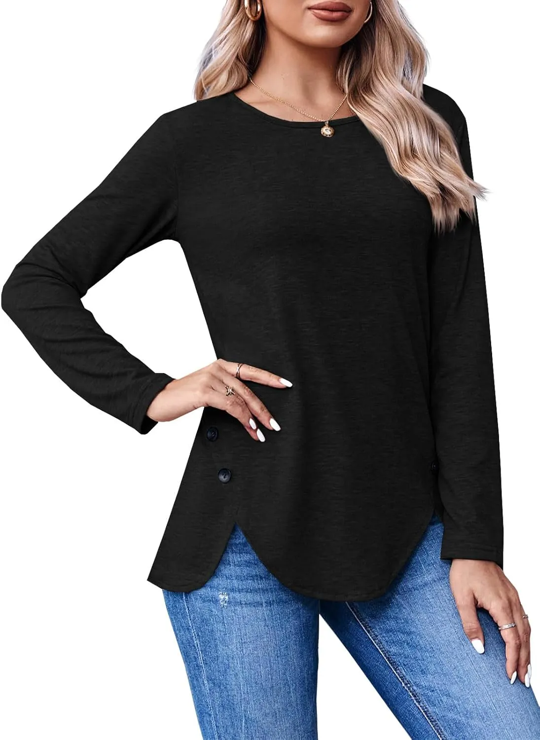 Fisoew Womens Casual Long Sleeve Tunic Tops Round Neck Shirt Button Side Basic Tees Wearring with Leggings 2024