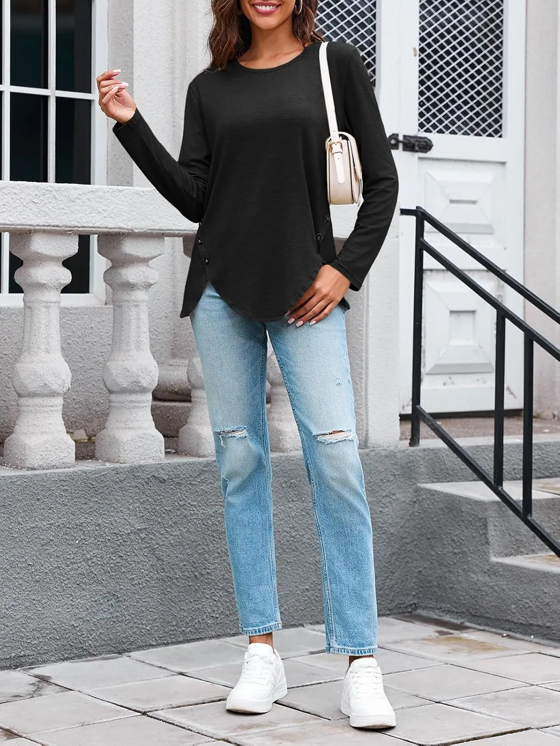 Fisoew Womens Casual Long Sleeve Tunic Tops Round Neck Shirt Button Side Basic Tees Wearring with Leggings 2024