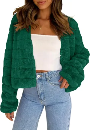 Fisoew Womens Cropped Faux Fur Jackets Long Sleeve Open Front Fluffy Short Coats