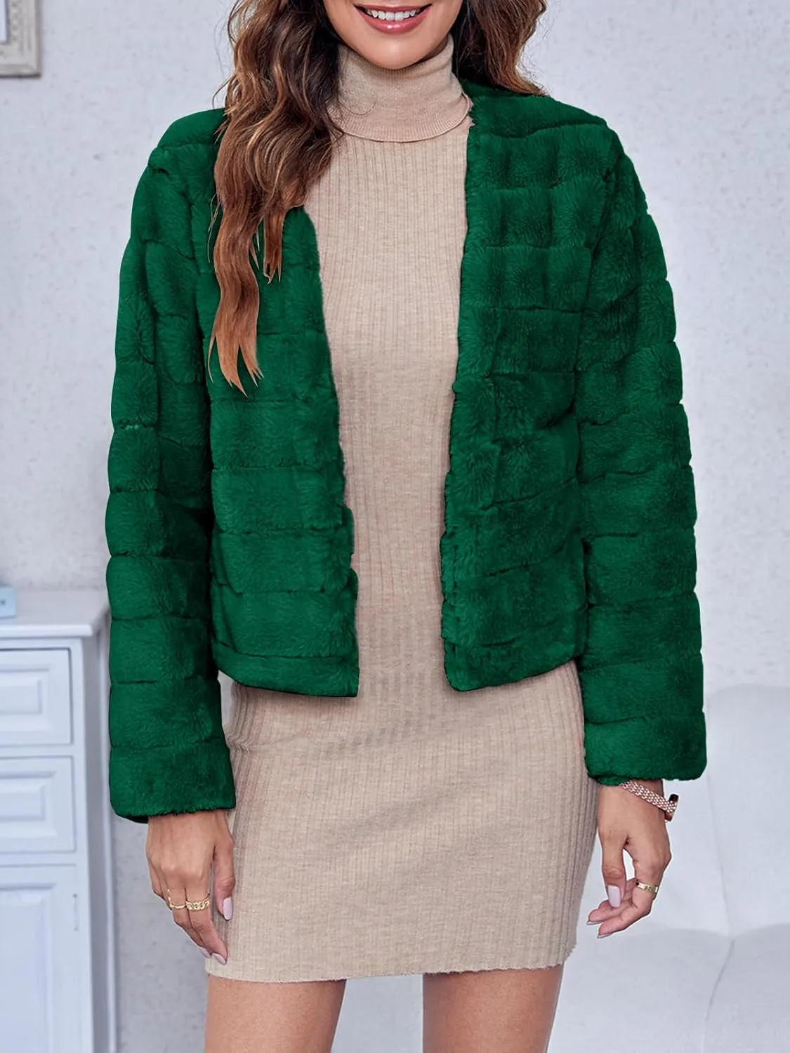 Fisoew Womens Cropped Faux Fur Jackets Long Sleeve Open Front Fluffy Short Coats