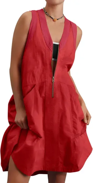 Fisoew Women's Sleeveless Tank Mini Dress Casual Half Zip V Neck Loose Mesh Back Utility Summer Dresses with Pockets