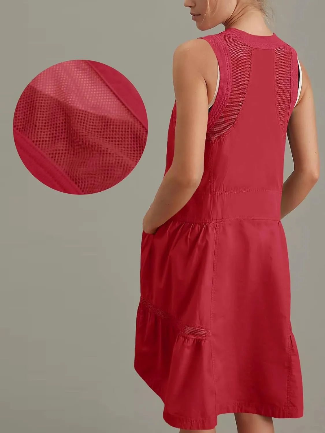 Fisoew Women's Sleeveless Tank Mini Dress Casual Half Zip V Neck Loose Mesh Back Utility Summer Dresses with Pockets