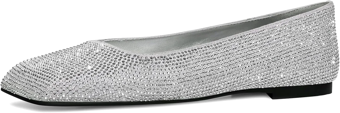 Flats for Women Rhinestone Square Toe Glitter Sparkly Comfortable Dress Bridal Ladies Wedding Shoes