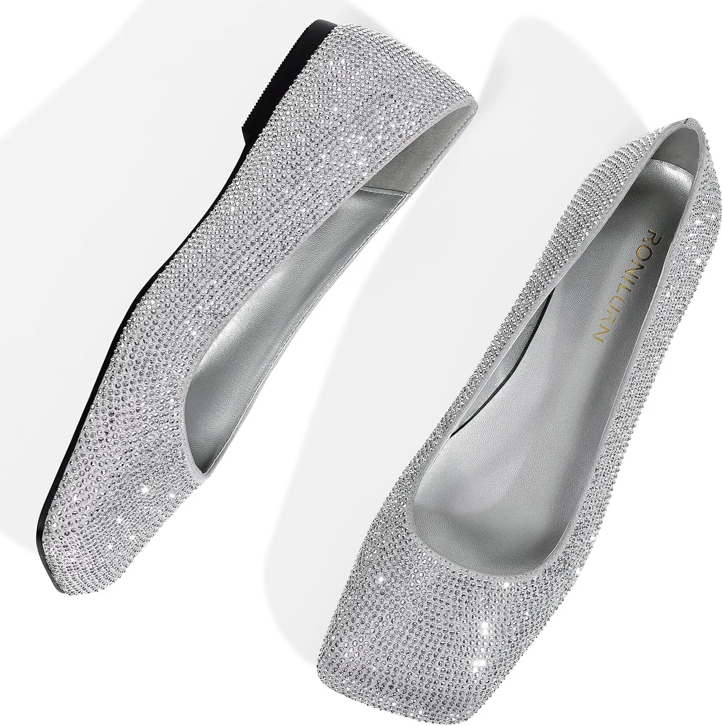 Flats for Women Rhinestone Square Toe Glitter Sparkly Comfortable Dress Bridal Ladies Wedding Shoes