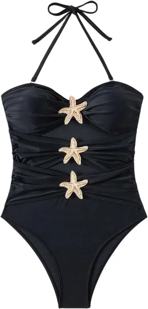 Floerns Women's Halter One Piece Swimsuit Starfish Cut Out Ruched Bathing Suits