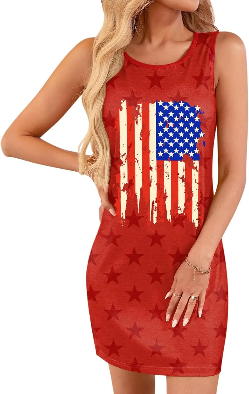 For G and PL Women 4th of July American Flag Tank Dress Crewneck Stars Stripe Mini Patriotic Sleeveless Beach Sundress