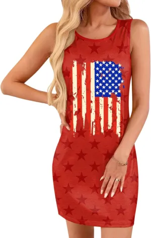 For G and PL Women 4th of July American Flag Tank Dress Crewneck Stars Stripe Mini Patriotic Sleeveless Beach Sundress