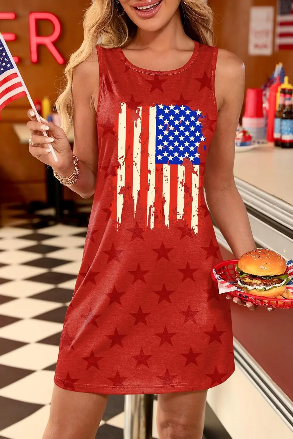 For G and PL Women 4th of July American Flag Tank Dress Crewneck Stars Stripe Mini Patriotic Sleeveless Beach Sundress