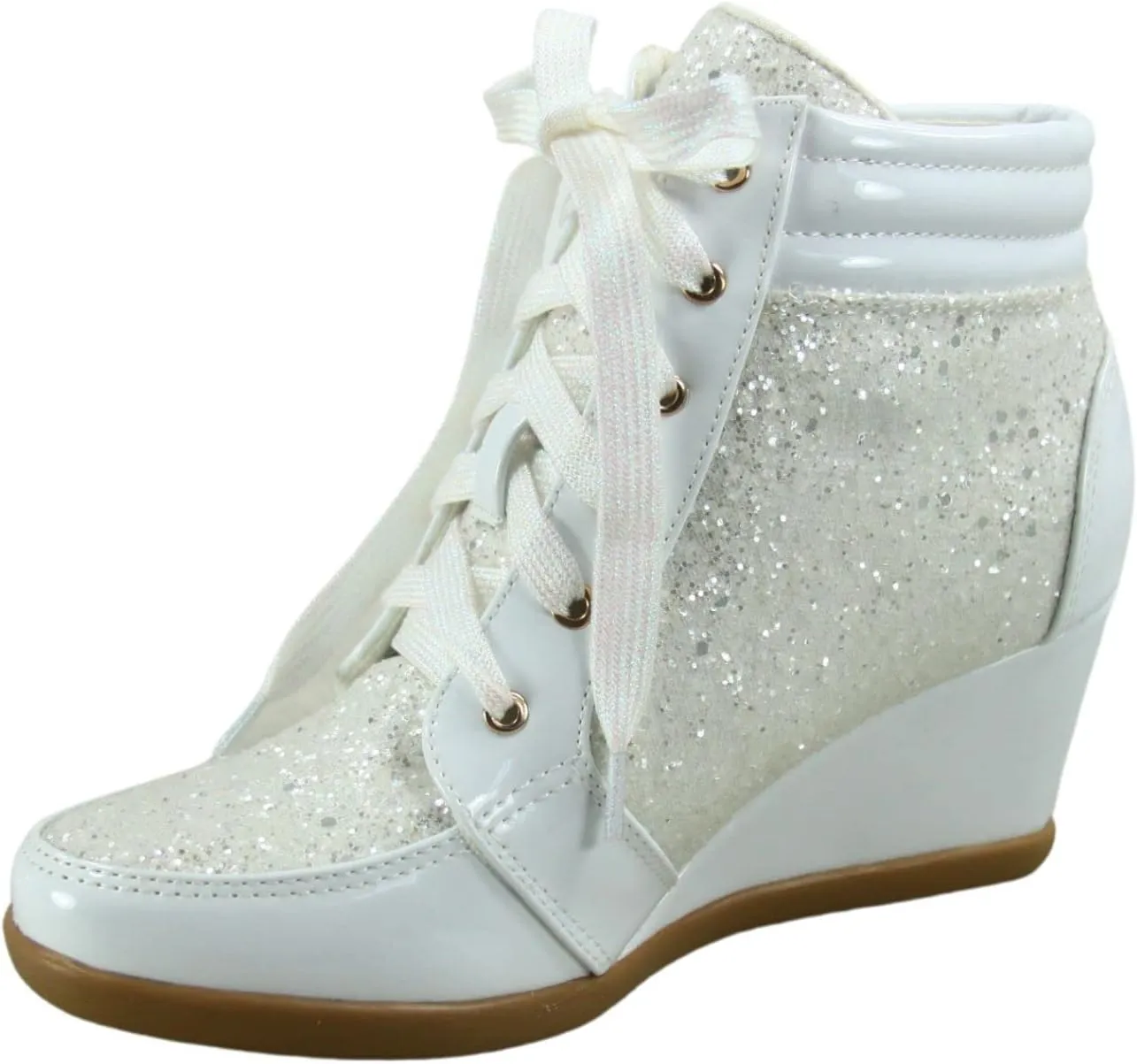 Forever Link Women's Fashion Glitter High Top Lace Up Wedge Sneaker Shoes
