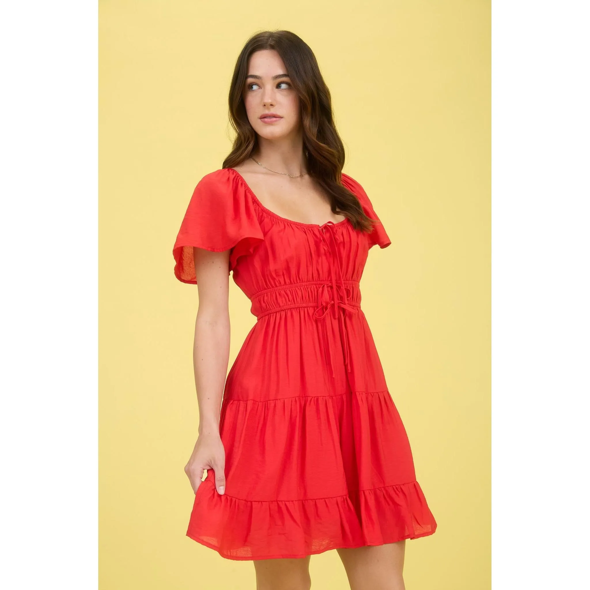 Front Tie Short Sleeve Tiered Mini Dress