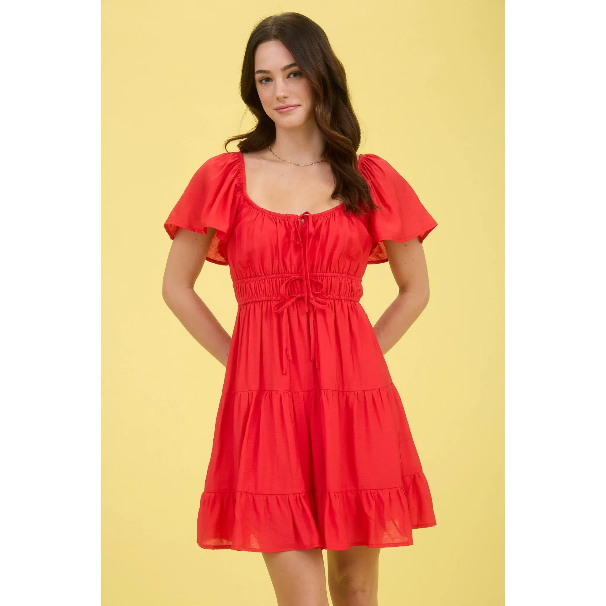 Front Tie Short Sleeve Tiered Mini Dress