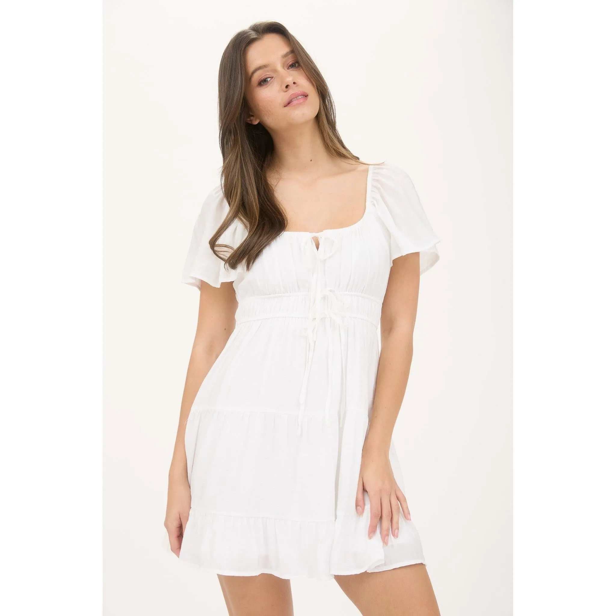 Front Tie Short Sleeve Tiered Mini Dress