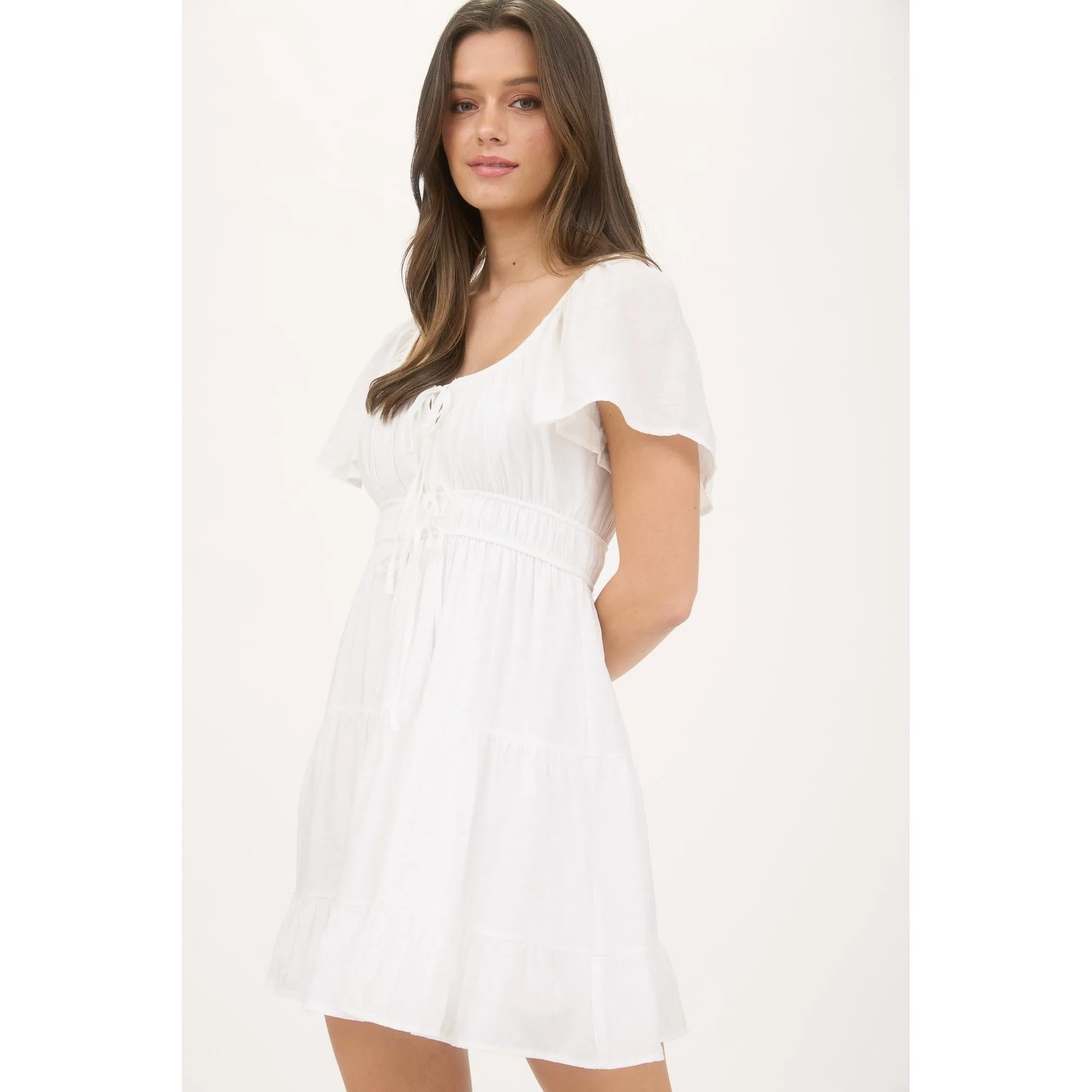 Front Tie Short Sleeve Tiered Mini Dress