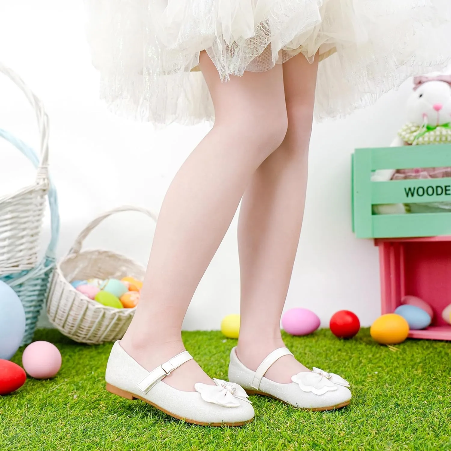 Furdeour Girls Dress Shoes Mary Jane Flower Wedding Party Bridesmaids Shoes Glitter Princess Ballet Flats for Kid Toddler
