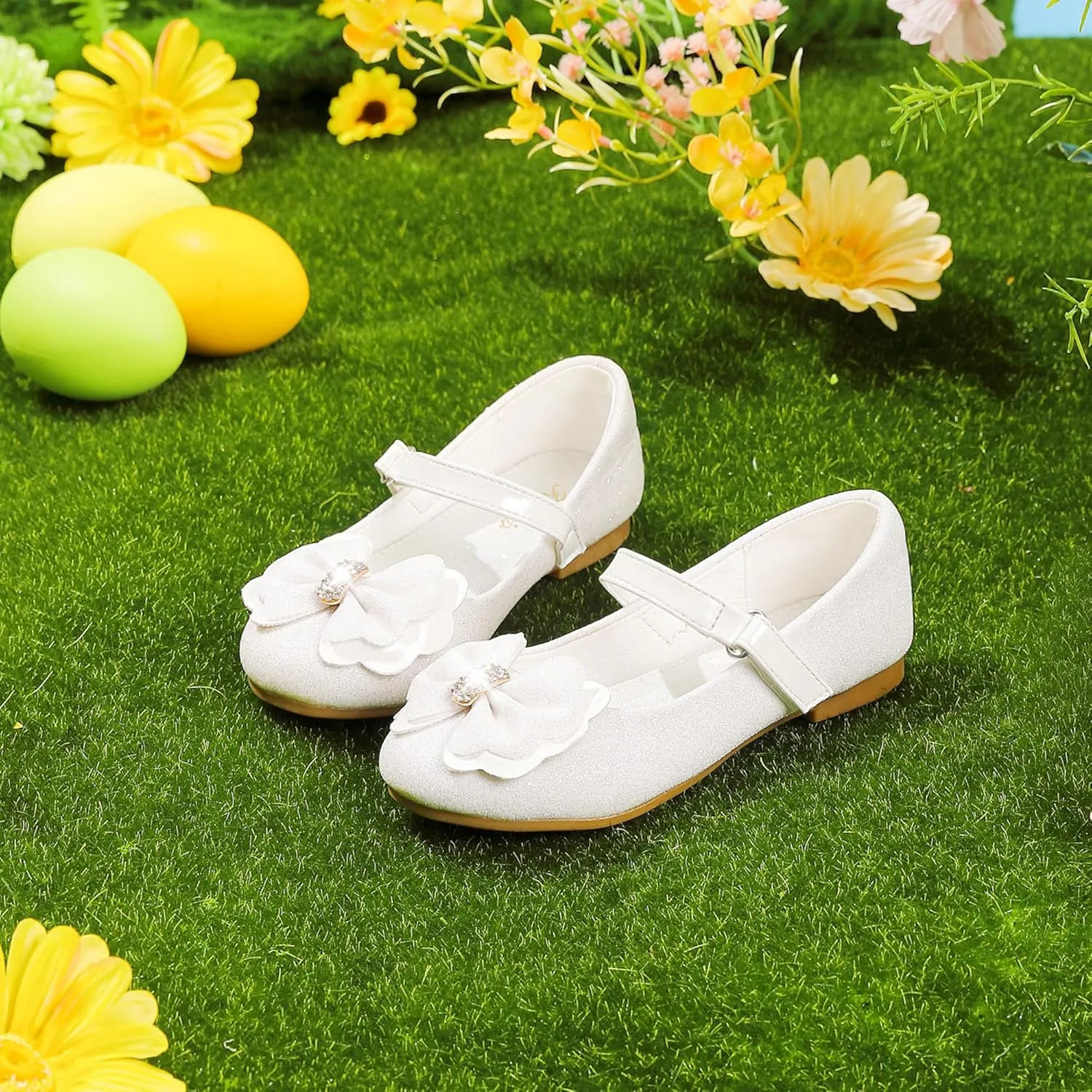 Furdeour Girls Dress Shoes Mary Jane Flower Wedding Party Bridesmaids Shoes Glitter Princess Ballet Flats for Kid Toddler