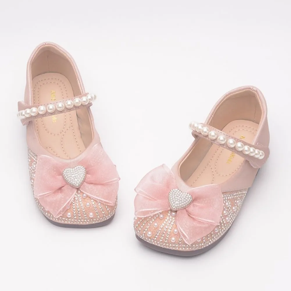 Girls Ballerina Dress Shoes with Bow Glittler Flower Wedding Party Princess Mary Jane Flats for Toddler/Little Kid