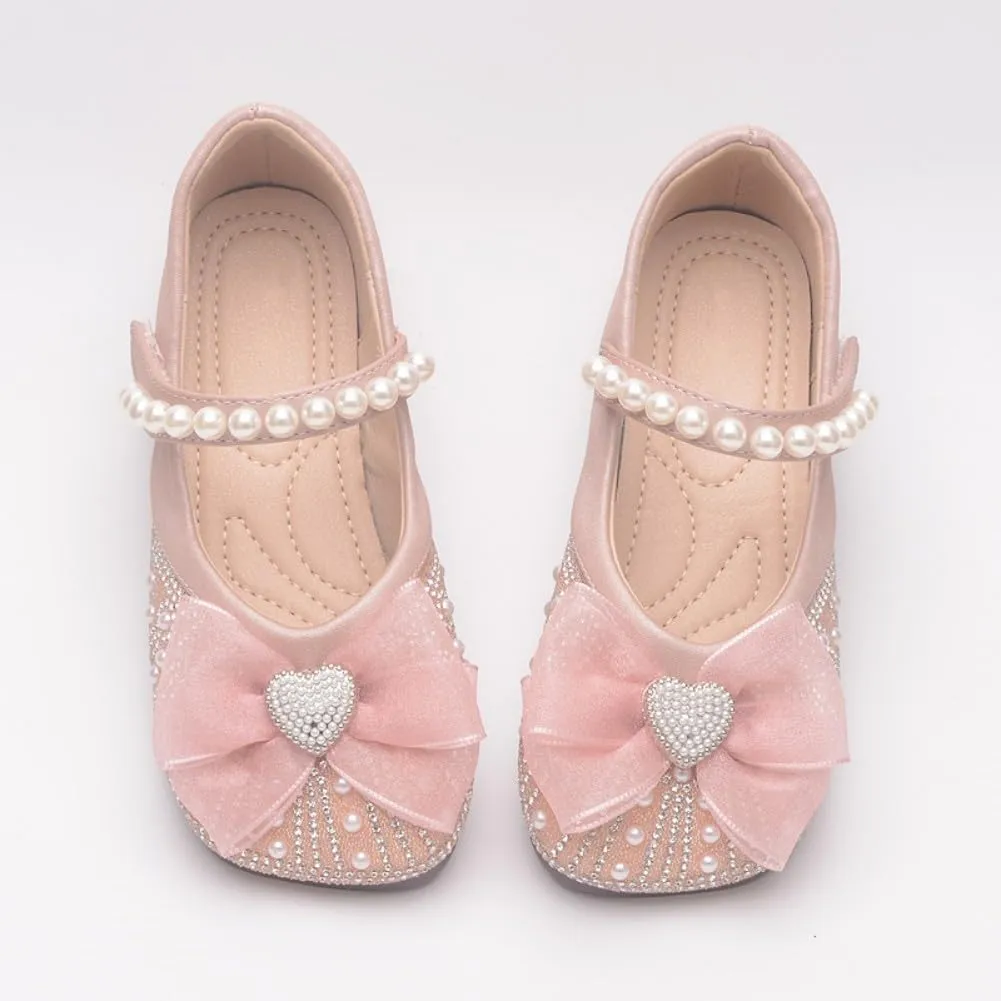 Girls Ballerina Dress Shoes with Bow Glittler Flower Wedding Party Princess Mary Jane Flats for Toddler/Little Kid