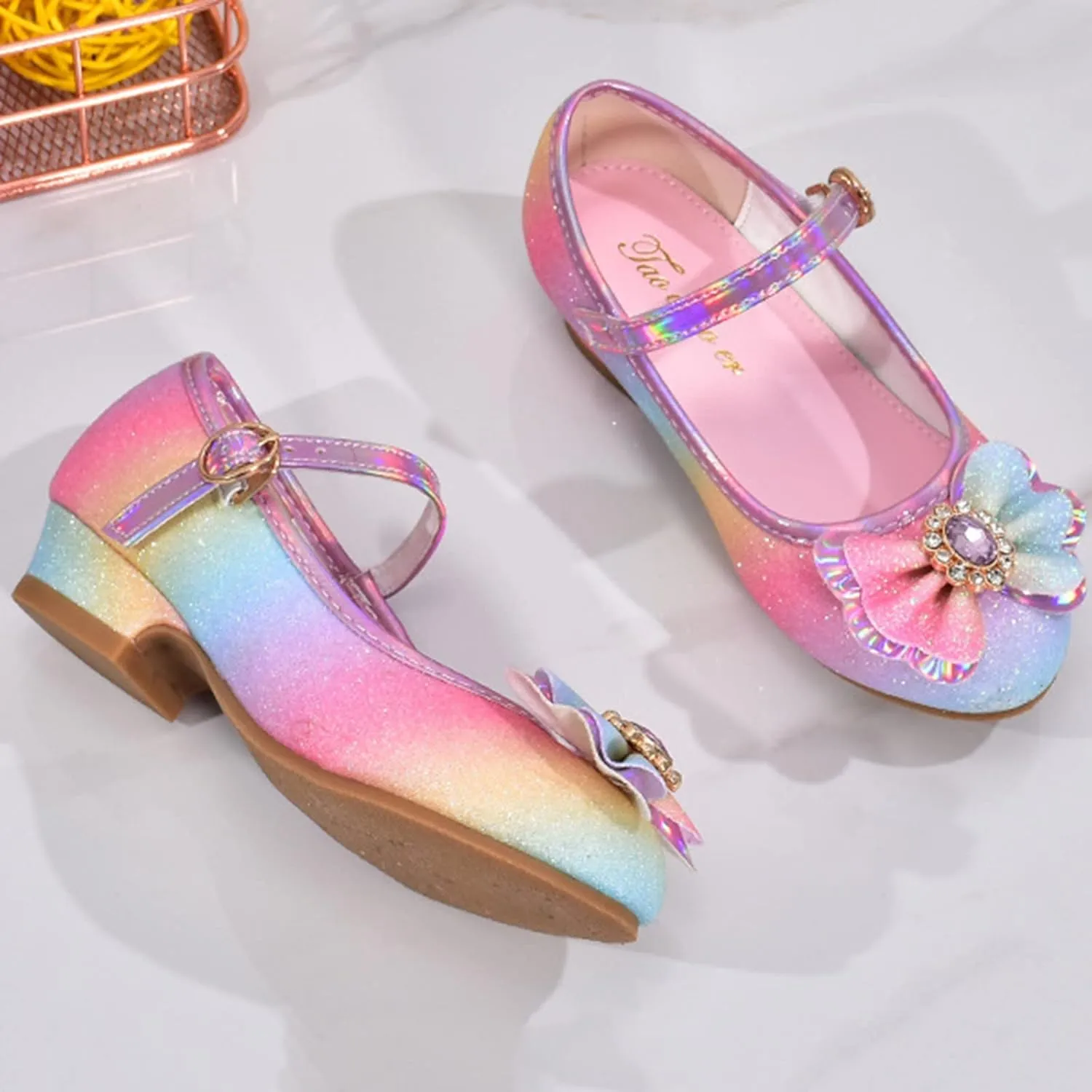 Girls Colorful Bowknot Shiny Dress Shoes Kids Sparkly Ballet Flats Cute Rainbow Strap Princess Bridesmaid Sandals