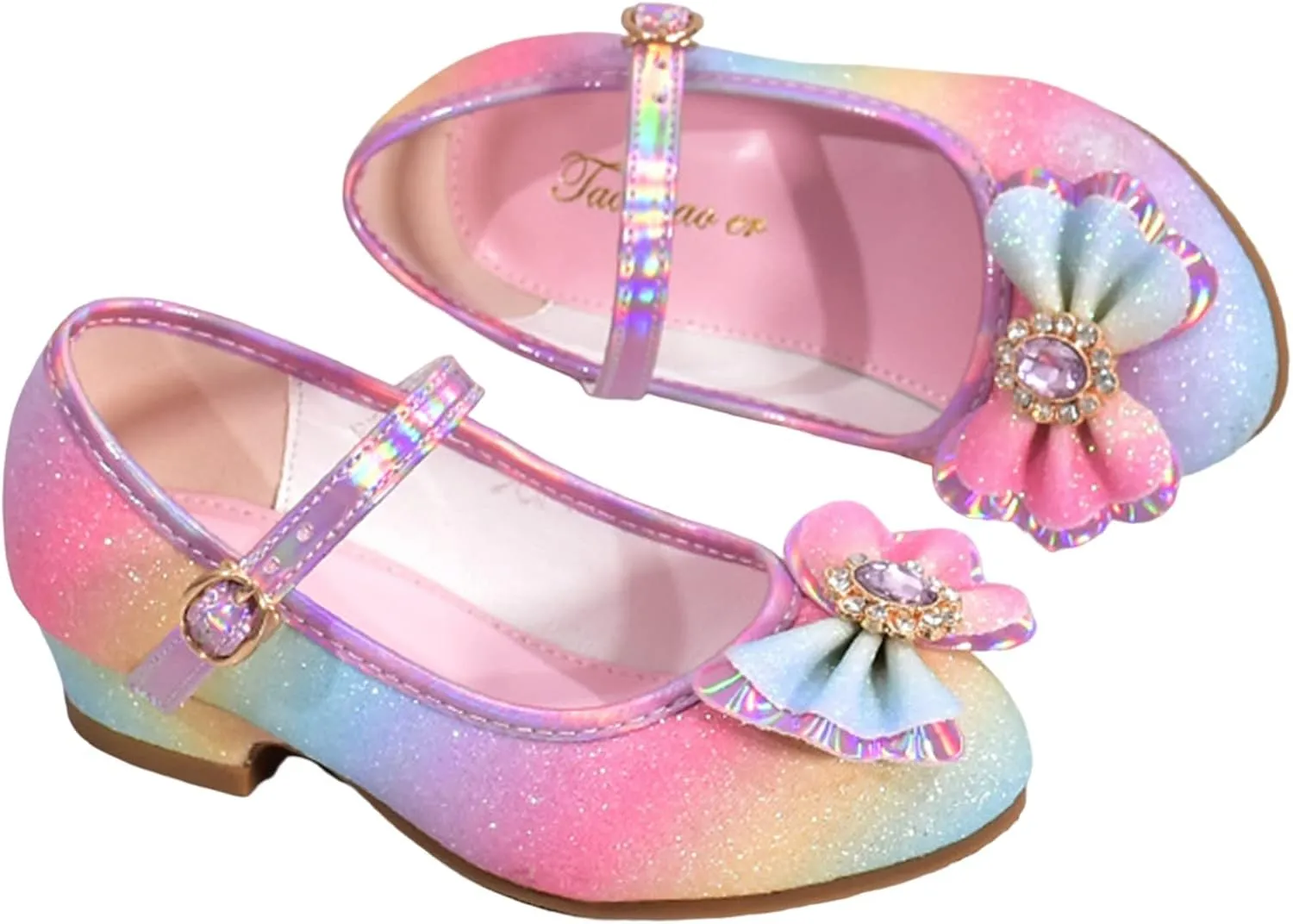 Girls Colorful Bowknot Shiny Dress Shoes Kids Sparkly Ballet Flats Cute Rainbow Strap Princess Bridesmaid Sandals