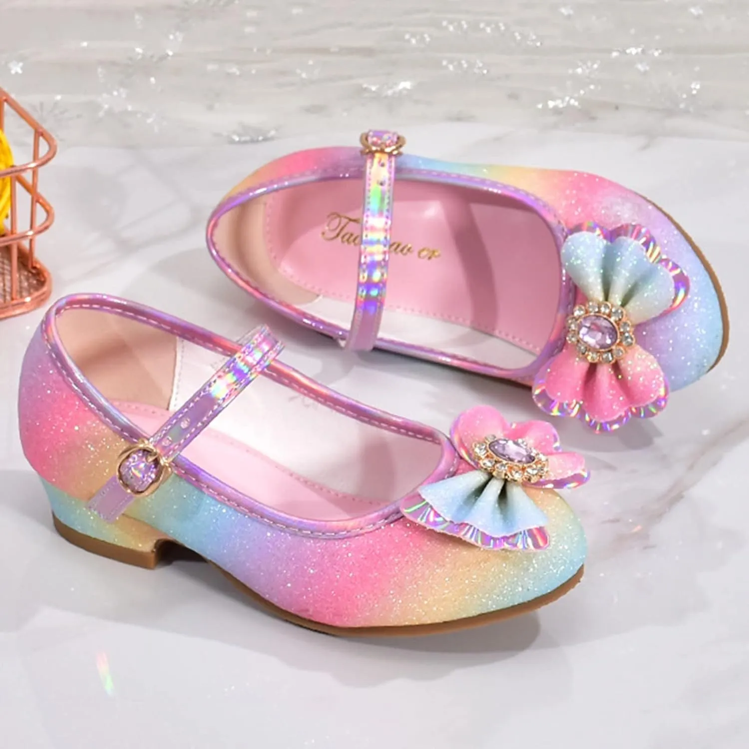 Girls Colorful Bowknot Shiny Dress Shoes Kids Sparkly Ballet Flats Cute Rainbow Strap Princess Bridesmaid Sandals