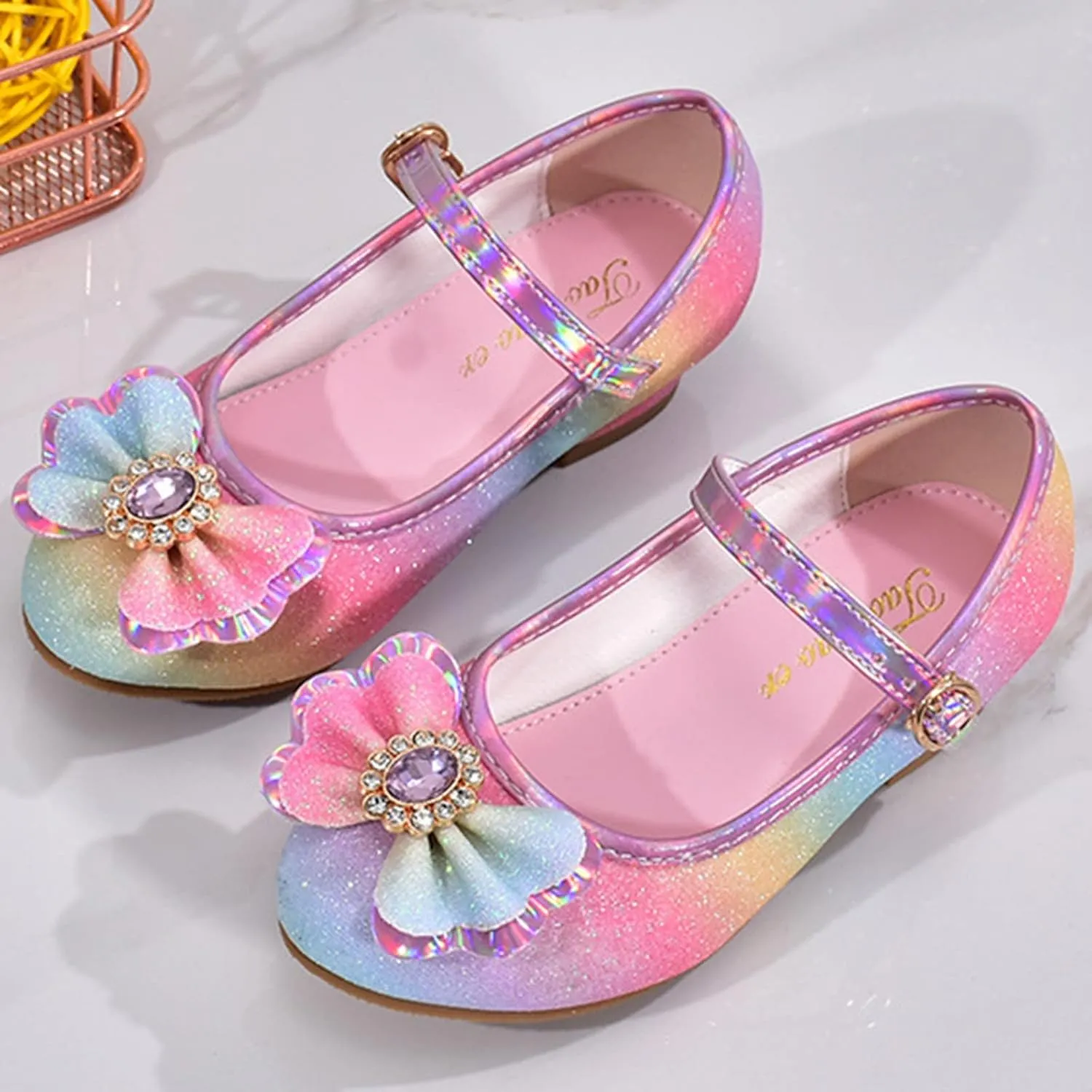 Girls Colorful Bowknot Shiny Dress Shoes Kids Sparkly Ballet Flats Cute Rainbow Strap Princess Bridesmaid Sandals