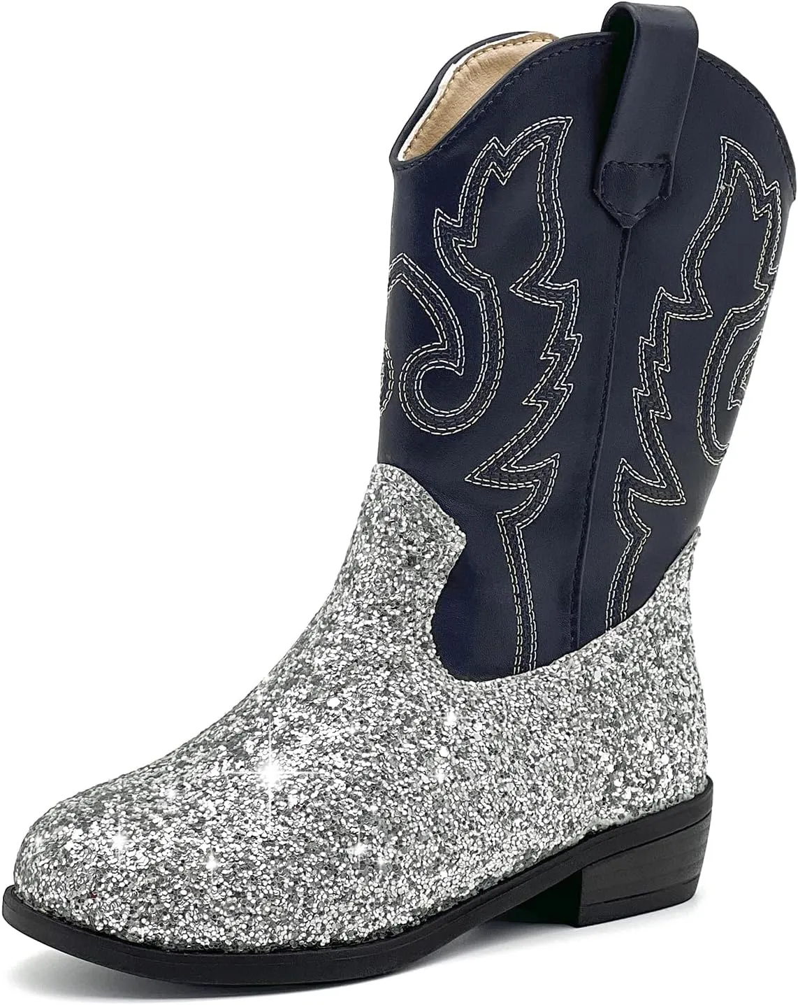 Girls Cowboy Boots Kids Embroidered Square Toe Mid Calf Glitter Western Cowgirl Boot Side Zipper Shoes