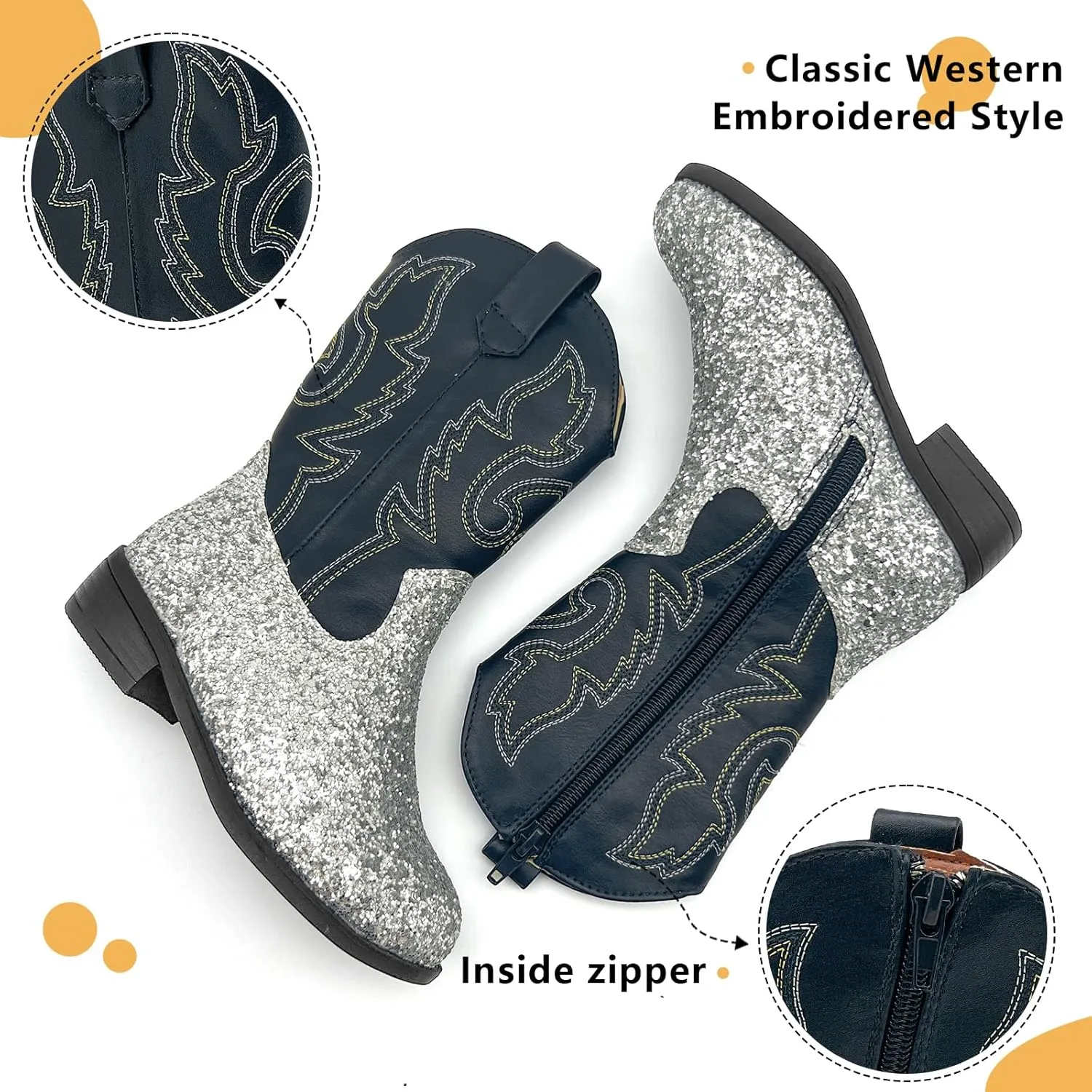 Girls Cowboy Boots Kids Embroidered Square Toe Mid Calf Glitter Western Cowgirl Boot Side Zipper Shoes