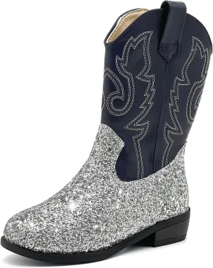 Girls Cowboy Boots Kids Embroidered Square Toe Mid Calf Glitter Western Cowgirl Boot Side Zipper Shoes