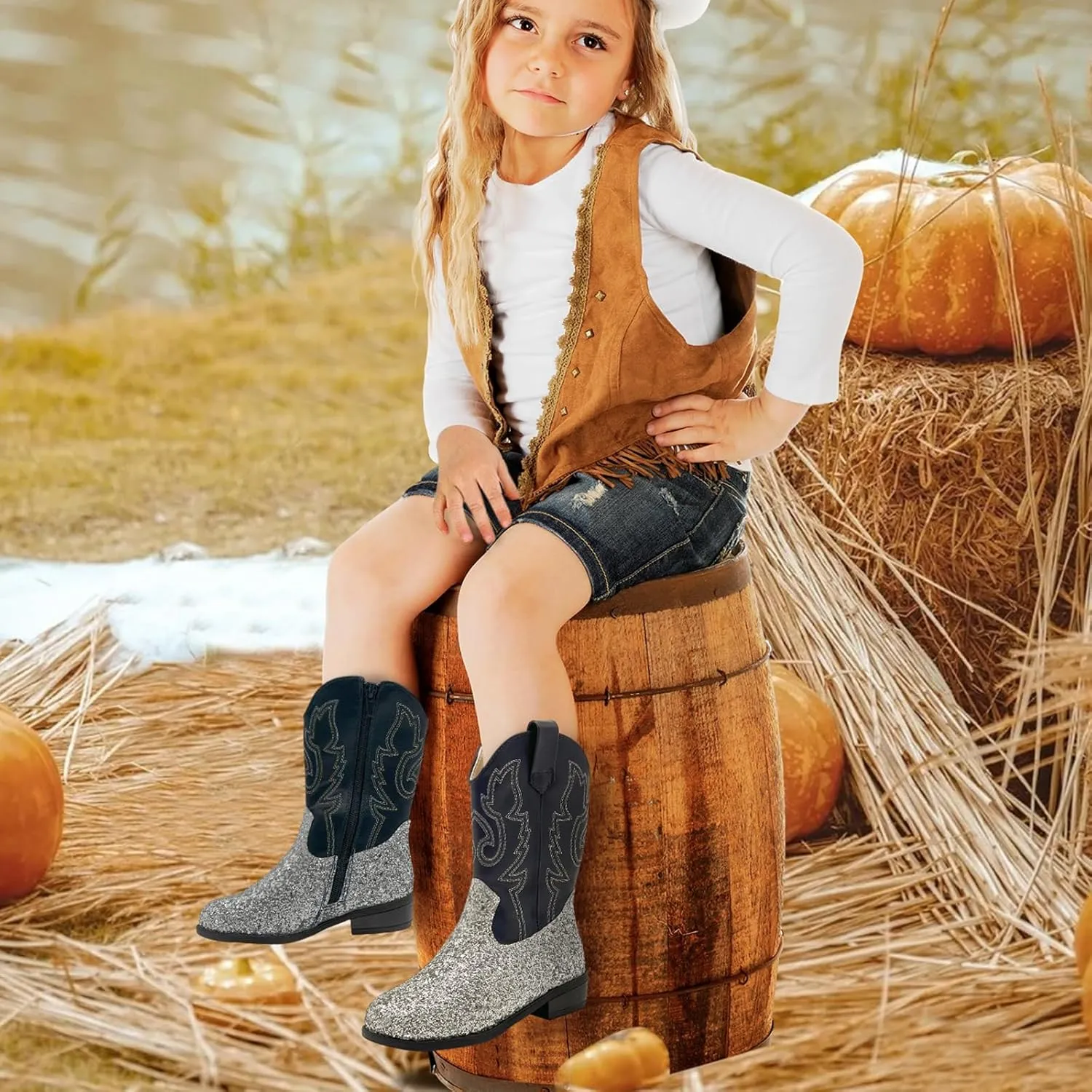 Girls Cowboy Boots Kids Embroidered Square Toe Mid Calf Glitter Western Cowgirl Boot Side Zipper Shoes