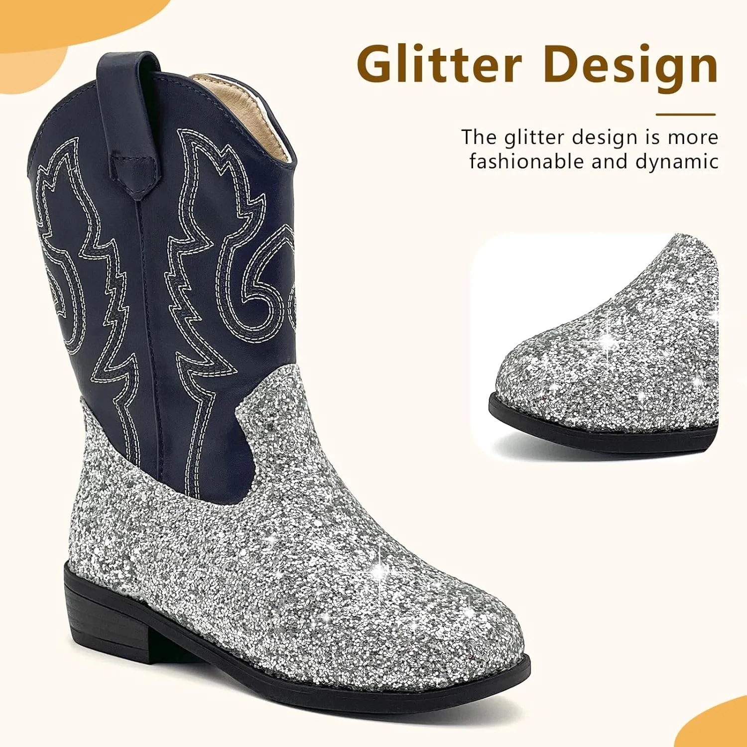 Girls Cowboy Boots Kids Embroidered Square Toe Mid Calf Glitter Western Cowgirl Boot Side Zipper Shoes